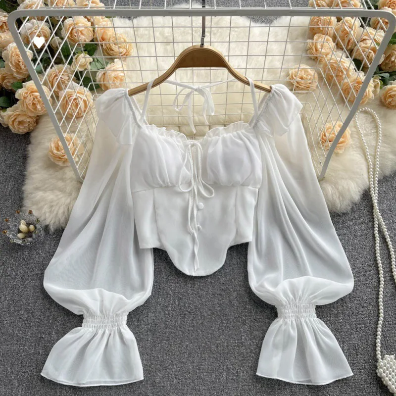 Flare Mouw Vrouwen Tops Ruche Effen Elastische Taille Halter Rugloze Chiffon Slanke Blusas Y 2K Harajuku Korte Blouse Блузка Женская