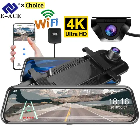 E-ACE 대시 캠 자동차 DVR 지원 WIFI GPS 4K 10 인치 1080P 터치 룸 미러 DVR 비디오 레코더 등록 자동 블랙 박스