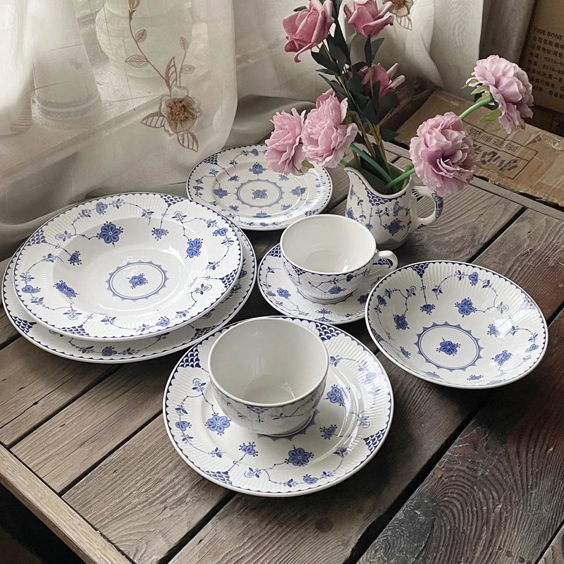 Flate Plate Ceramic Chinese Dinner Tool Blue White Floral Porcelain Tableware Soup Salver Cereal Bowl Household Breakfast Tray