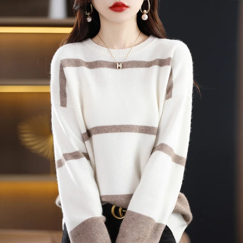 Autumn Winter New Round Neck Color Block Striped Women's Sweater 100% Pure Wool Warm Pullover Fashion Versatile Women's Clothing