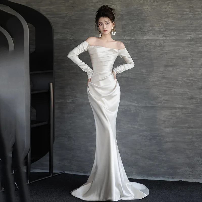 French Light Wedding Dress 2026 New Simple Satin Long Sleeves Off The Shoulder Elegant Bridal Gowns Fishtail Dresses Vestidos