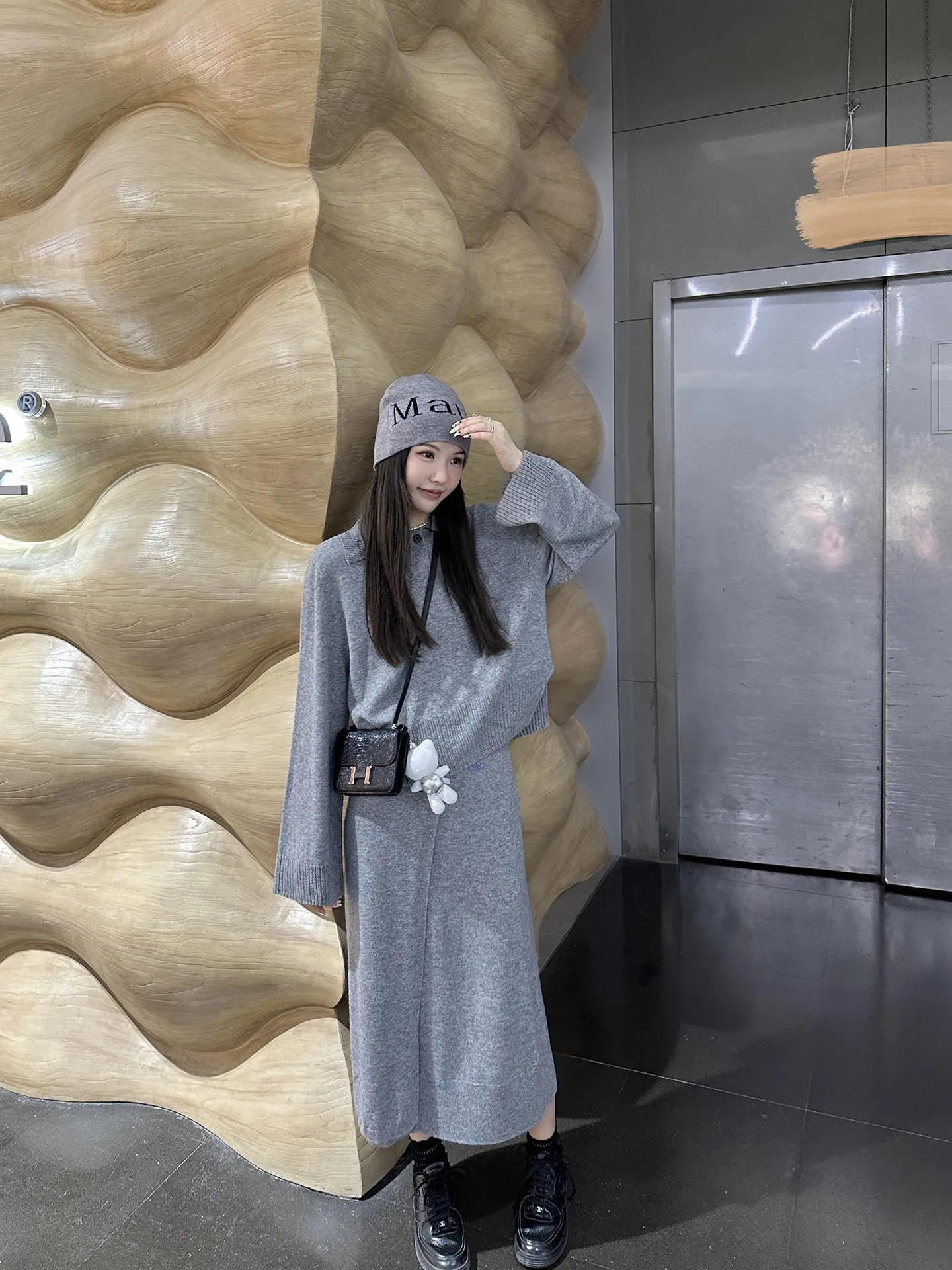 

Soft Knitted Camere Top And Skirt Set Casual Loose Fit Long Sve Ne Embroidered Women's Faion Ciwalk