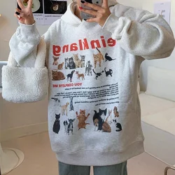 American Y2K Cat Dog Print Sudadera Thick Fleece Winter Sweater Hoodies Loose Cute Animal Pullovers Casual Women Vintage Couples