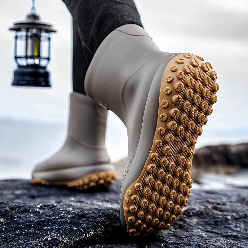 Large Size 3648 Rain Boots Unisex Mid-Calf Fleece Lined Outdoor Anti-Slip Waterproof Light Weight Rubber Shoes Fashionable