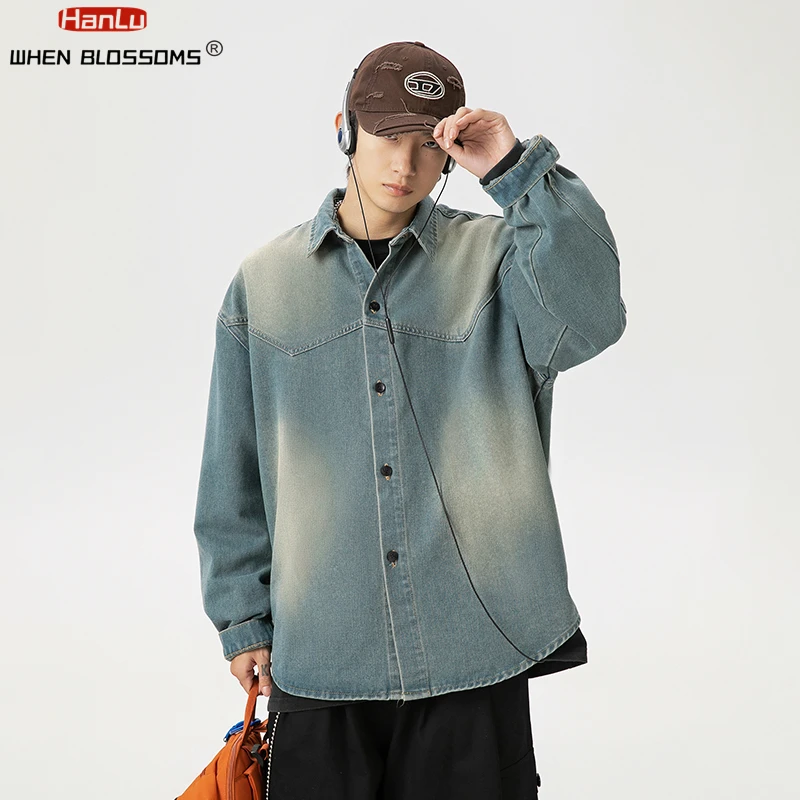 HANLU autunno 2024 moda coreana camicia di jeans sfumata lavata di alta qualità Streetwear cappotto uomo donna manica lunga giacca allentata