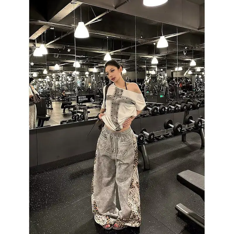 American Retro Street Style Leopard Print Splicing Sweatpants Women's Gray Drawstring Casual Pants Old Long Pants Wide-leg Pants