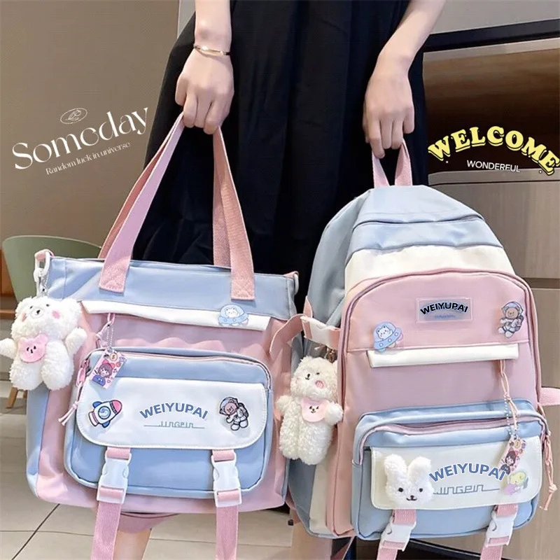 5pcs/set Kawaii Women Backpack Korean Cute Girl Bookbags Large Capacity Teenage Student School Bag Casual Canvas Travel Rucksack