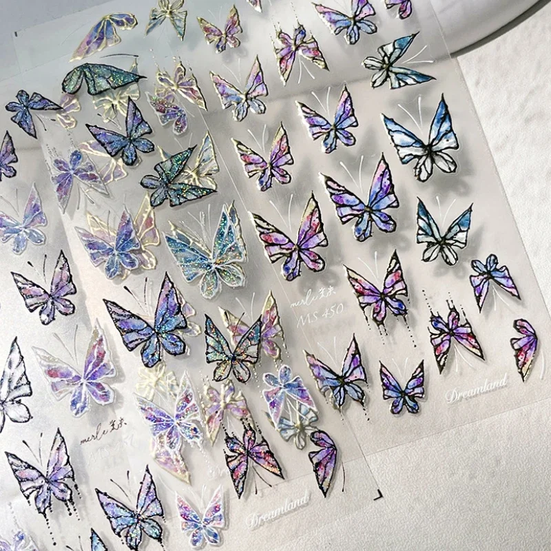 Hot Stamping Purple Blue Butterfly 3D Self Adhesive Nail Art Stickers Shiny Rhinestone Tulips Illusion Colorful Manicure Decals