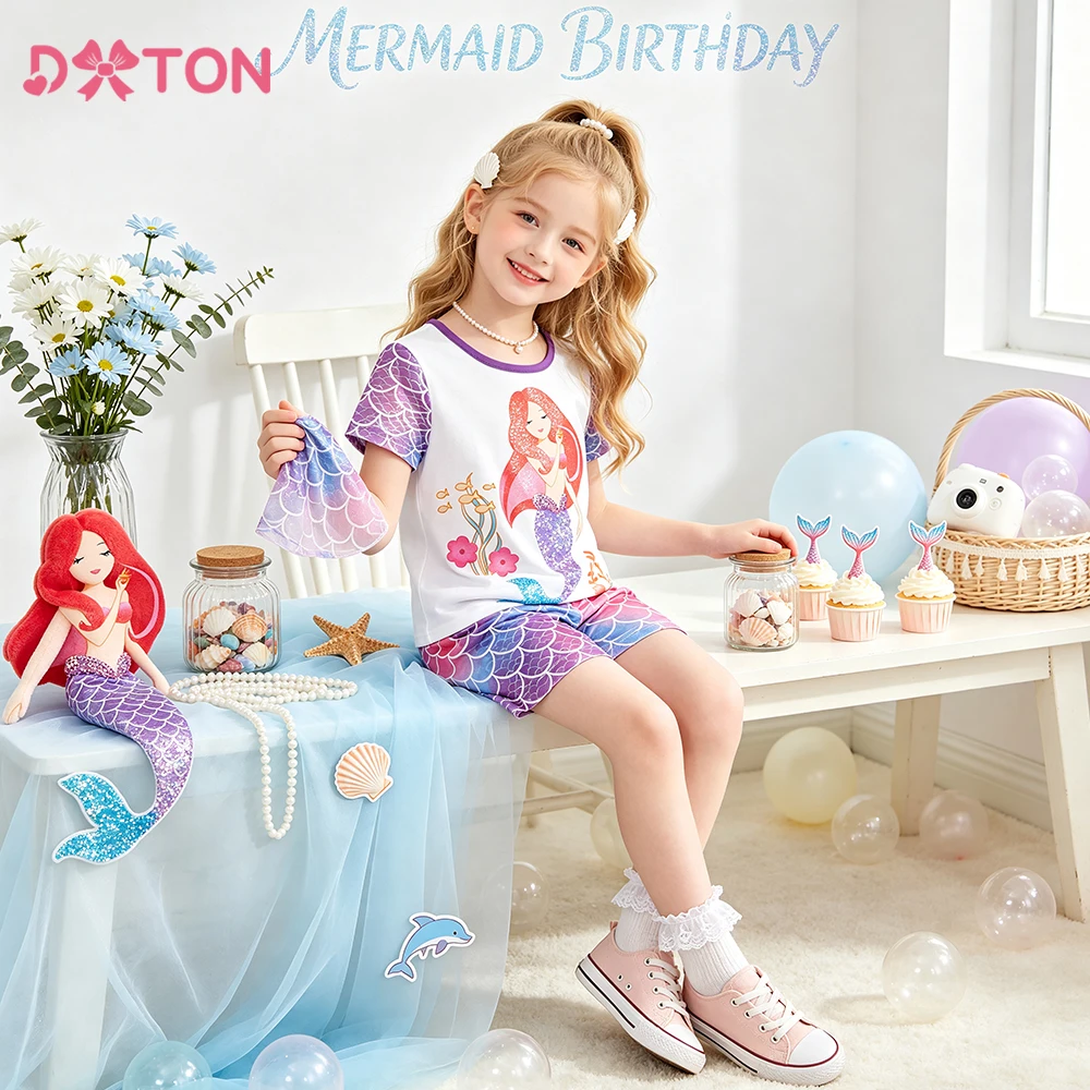 DXTON Mädchen-Kurzarm-Oberteil und Kinder-Shorts, Sommer-Baby-Kleinkind-2-teiliges Kleidungsset, Meerjungfrau-T-Shirts, Shorts, Kinder-Freizeitanzug