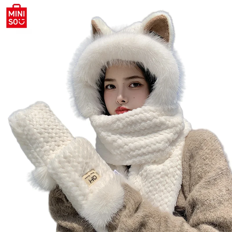 cute fox ear hat scarf gloves three piece set autumn and winter thick scarf integrated outdoor cycling windproof and cold proof