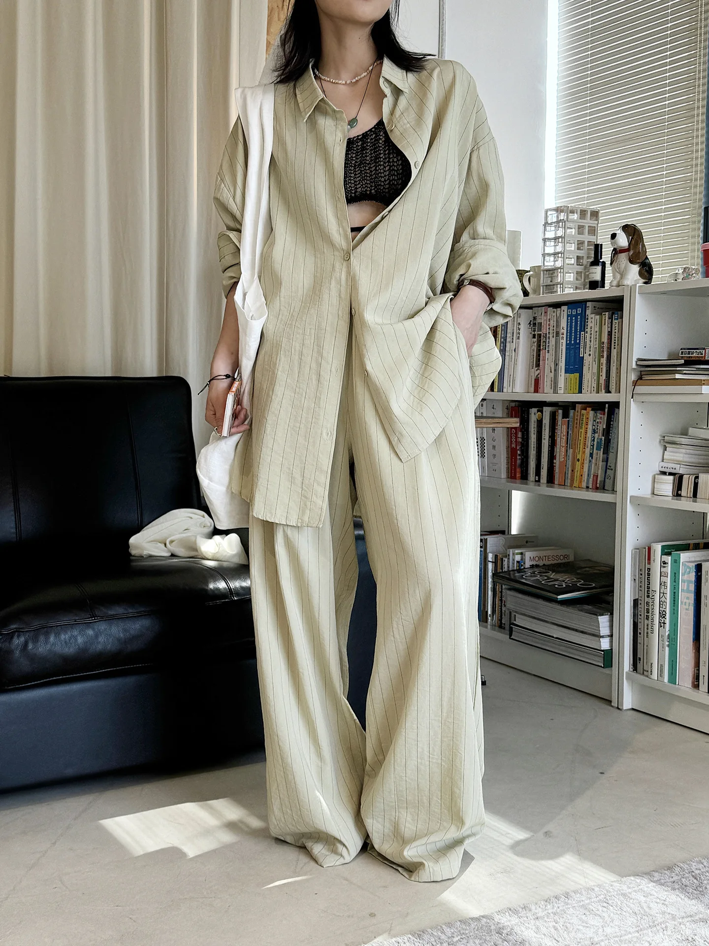 Summer Striped Lapel Long Sleeved Shirt Casual Pants Two-Piece Loose and Comfortable Set
