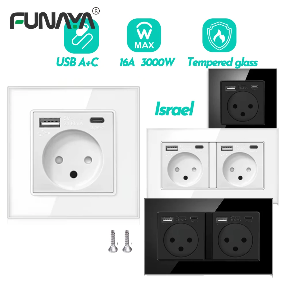 

FUNAYA 16A Israel Wall Power Socket with Type-c USB Israeli Plug Crystal Glass Panel Electrical Outlet Power Socket for Home