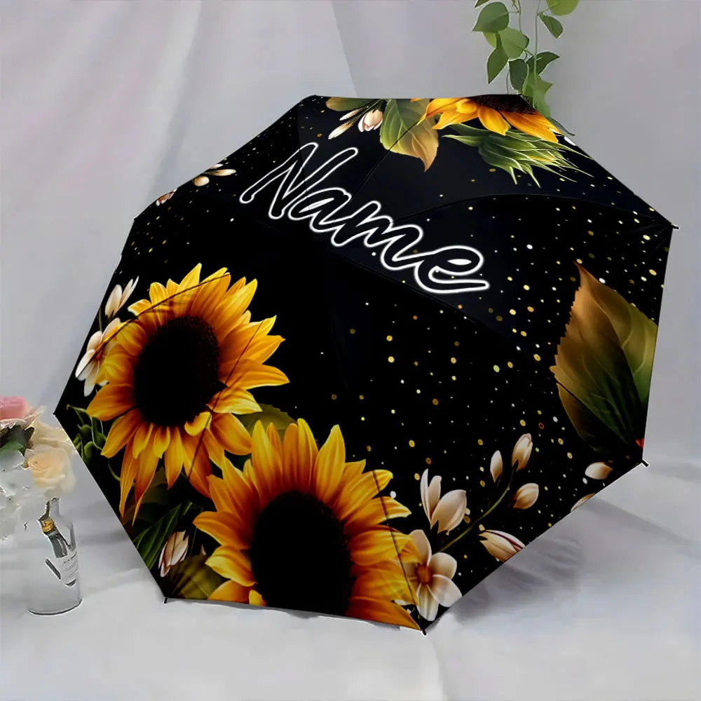 Custom Name Artistic Sunflower Umbrella with Black Background Print 8 Iron Ribs Folding Umbrella, Auto-Open Fashion Sunshade