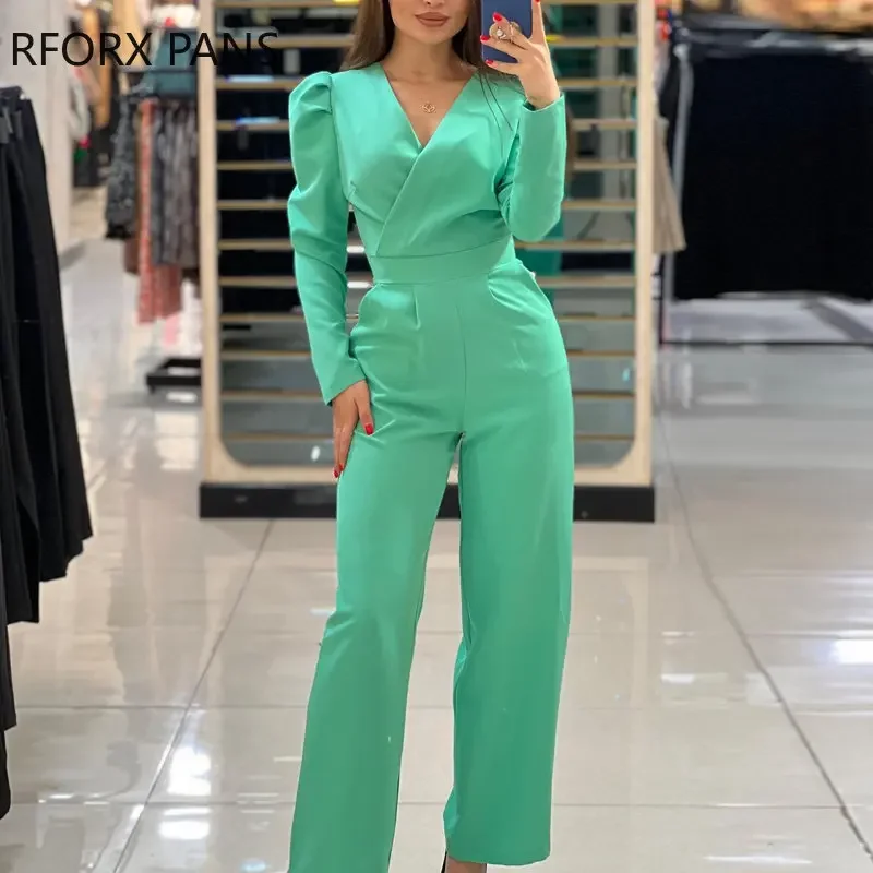 Women Solid Elegant Long Puff Sleeves  V Neck Straight Pocket Working Jumpsuit