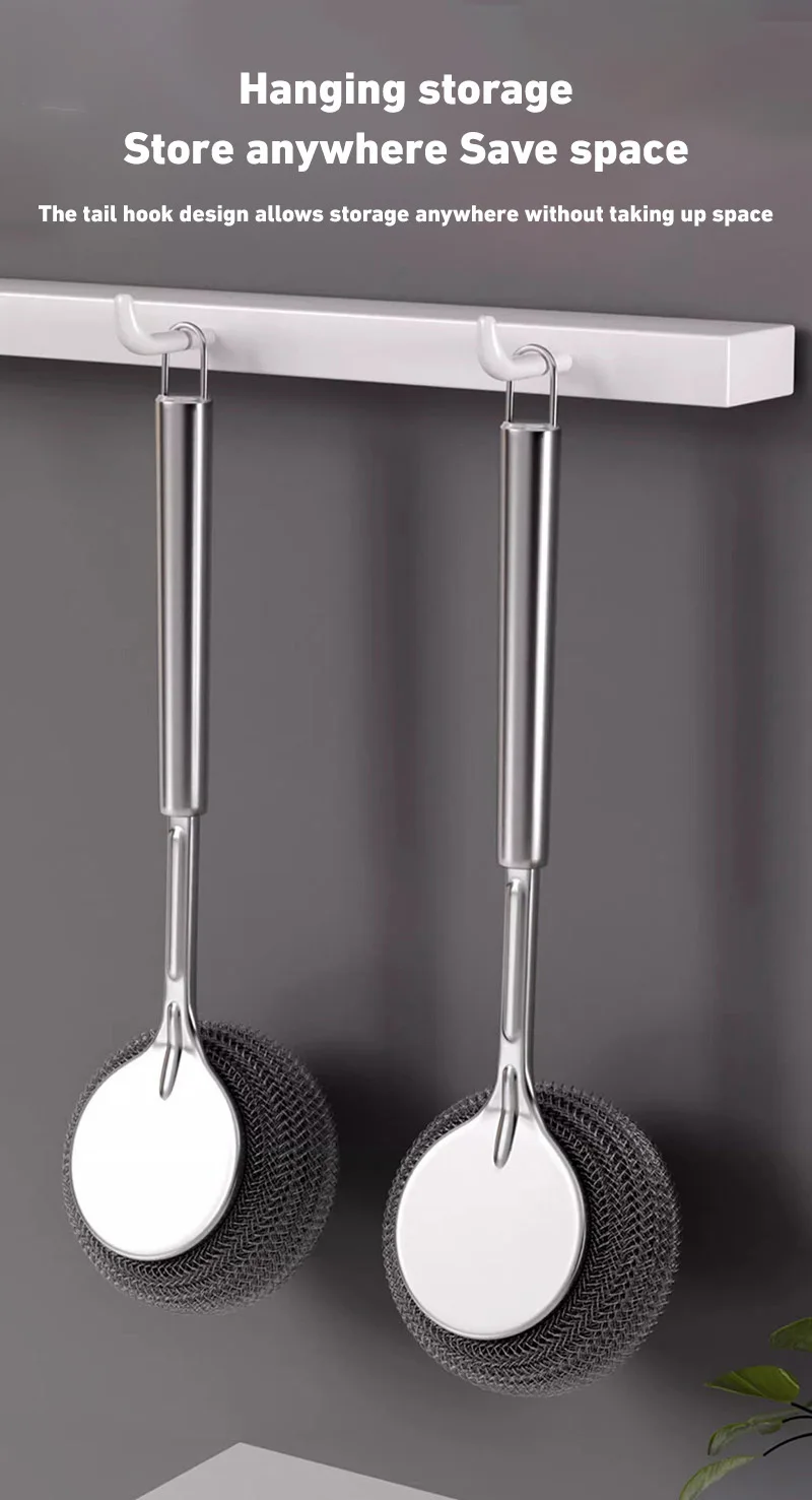 1pc Stainless Steel Pot With Handle Long Brush Kitchen Specific Washing Pot Steel Wire Ball