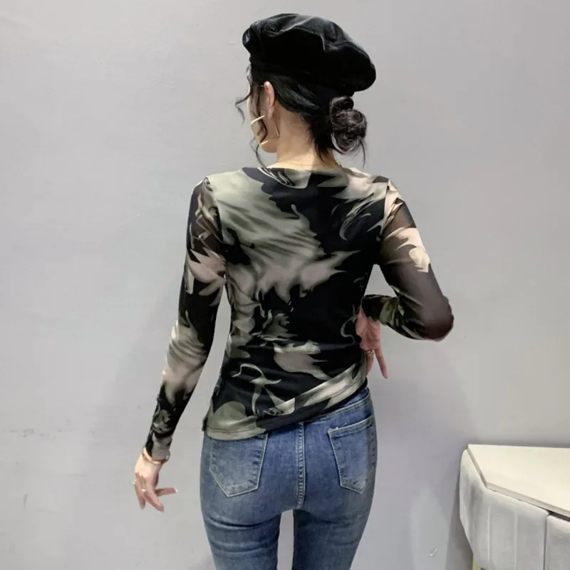 #8050 Tie Dye Bedrukte T-Shirt Vrouwen Strakke Sexy V-Hals T-Shirt Met Lange Mouwen Dames Koreaanse Stijl Mesh Kort T-Shirt Femme Slim Vintage