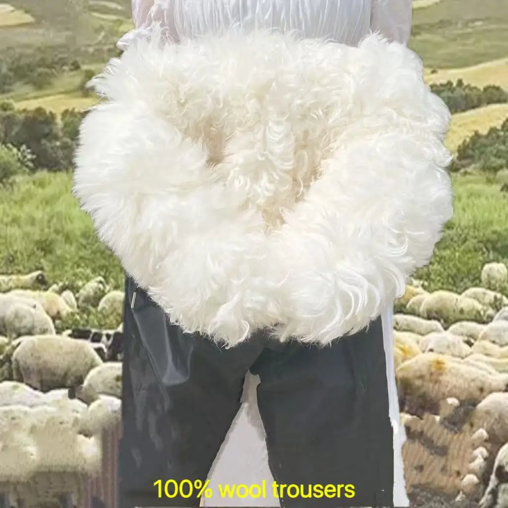 

Winter Thicken Pure Wool Trousers Men High Waist Casual Thermal Long Pants Middle-aged Elderly Dad Sheepskin Plush Trouser Male
