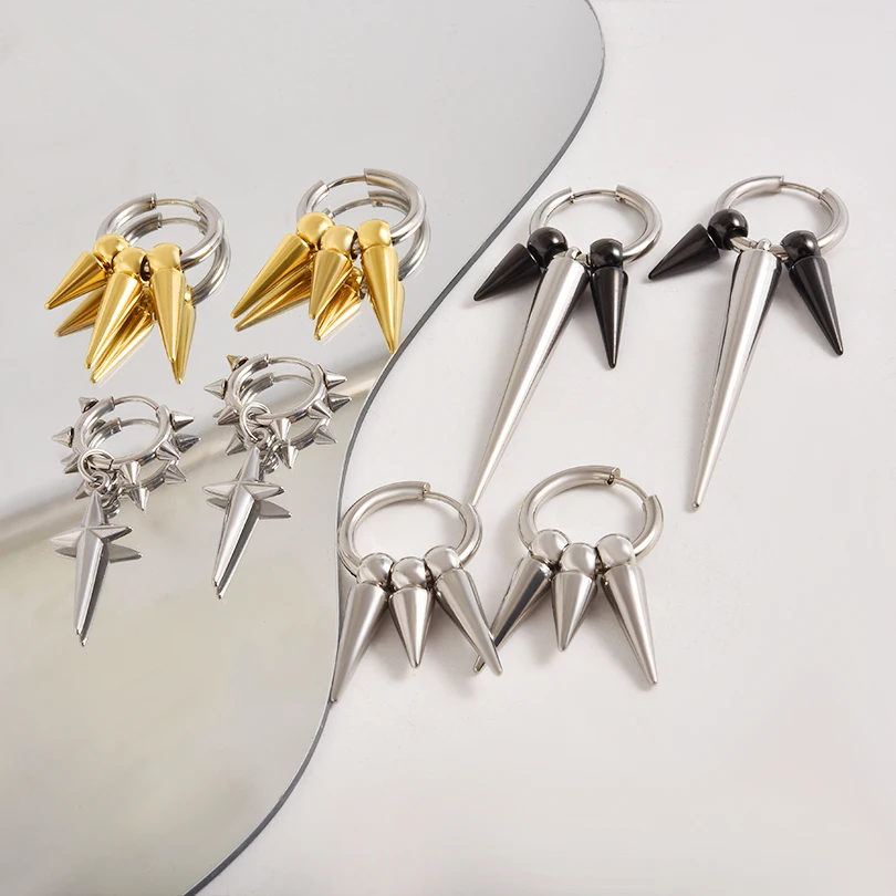 1Pair Punk Rock Spike Rivet Cool Men Hoop Earrings Stainless Steel Hip Hop Steampunk Cone Goth Cross Ear Boucles Mujer Jewelry