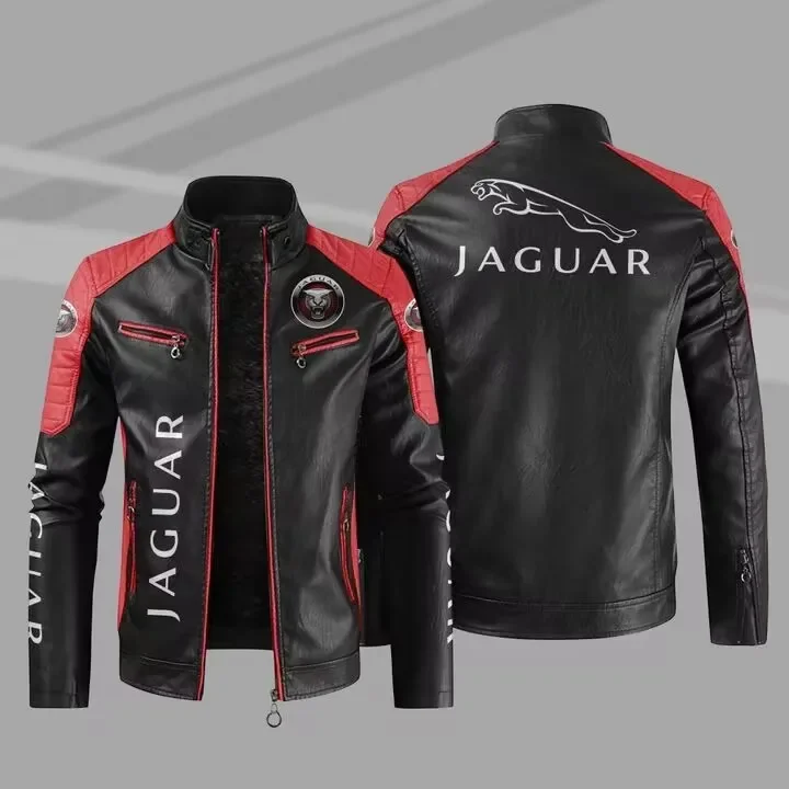 2023 Fashion New Mens Vintage Jaguar car logo Jacket Biker Leather Jacket Male Embroidery Bomber Coat Pu Overcoat