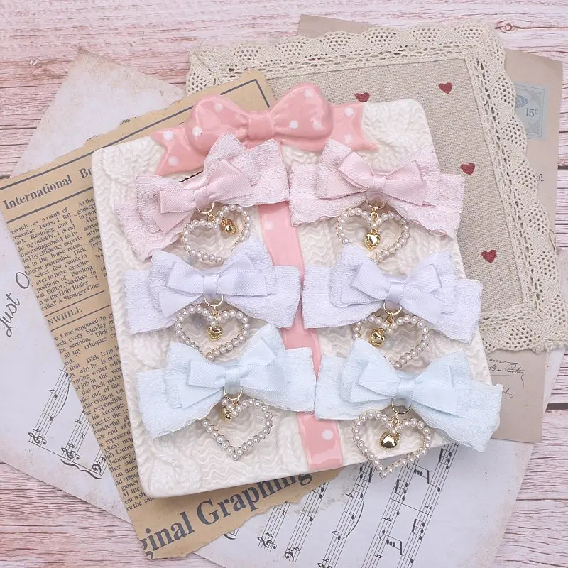 

Handmade Japanese Original Lolita Sweet and Cute Imported Lace Bow Pearl Love Pendant Pair Clip Side Clip Hairpin for Women