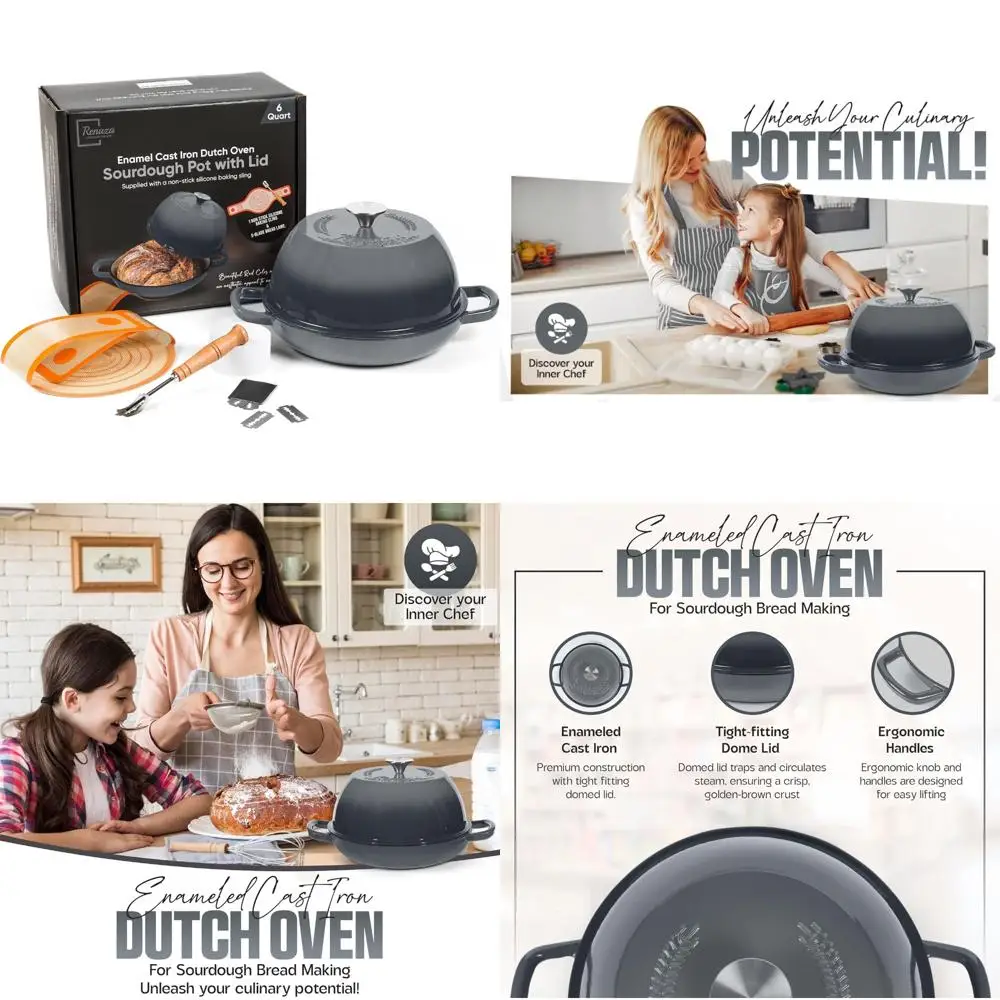 

Эмалированный чугунный голландский горшок для духовки с крышкой — идеально подходит для выпечки хлеба на закваске, включает в себя 5-лезвийный хлеб с гранем и антипригарным покрытием.