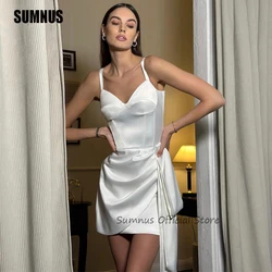 SUMNUS Simple White Satin Thick Short Wedding Party Dresses Spaghetti Straps Sleeveless Mini Sexy Bridal Gowns Robe de mariage