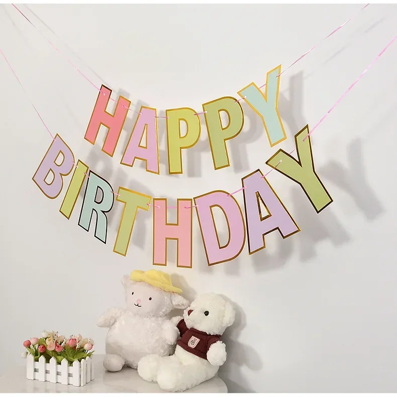 Happy Birthday Streamers Daisy Floral Pull Flag Living Room Garden Mall Cafe Children Birthday Party Decoration Banners Supplies