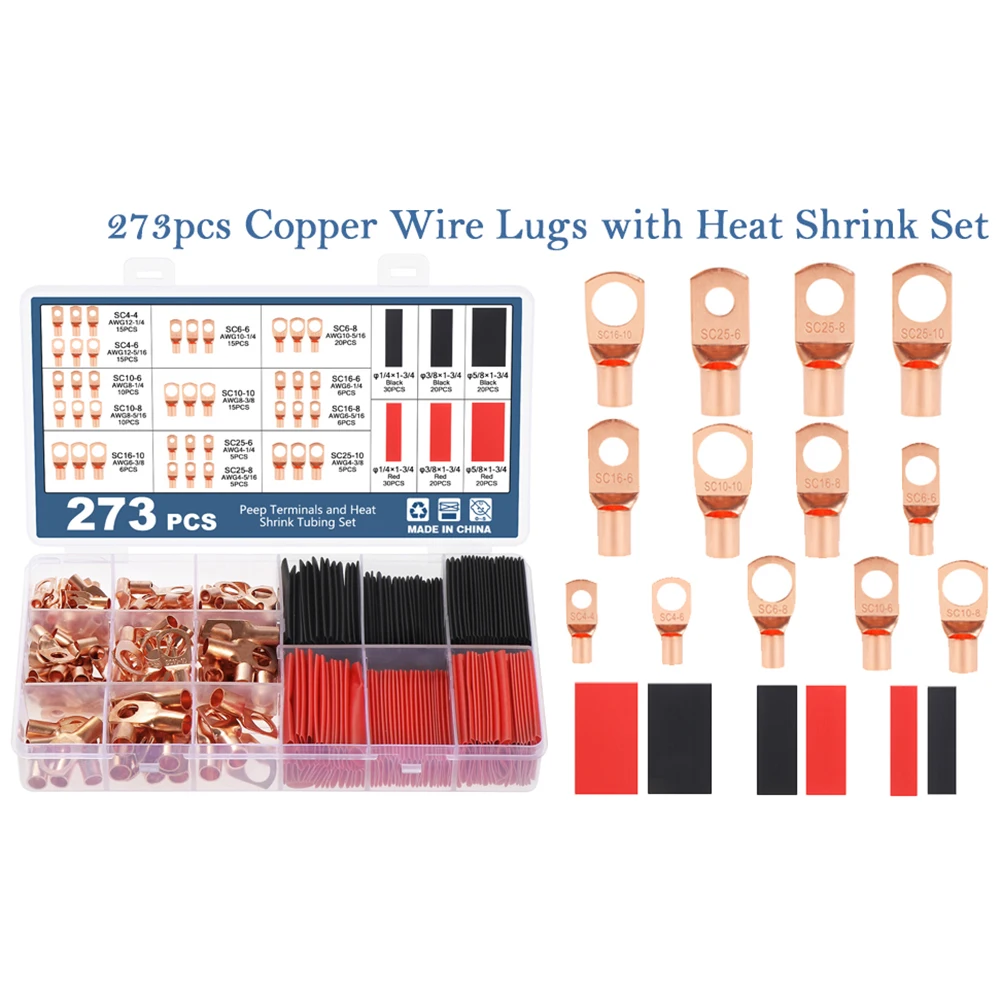 273pcs Copper Terminal Connectors AWG2 4 6 8 10 12 Ring Lug With Shrink Tubing Battery Cable Lugs electric lug SC Type Terminal