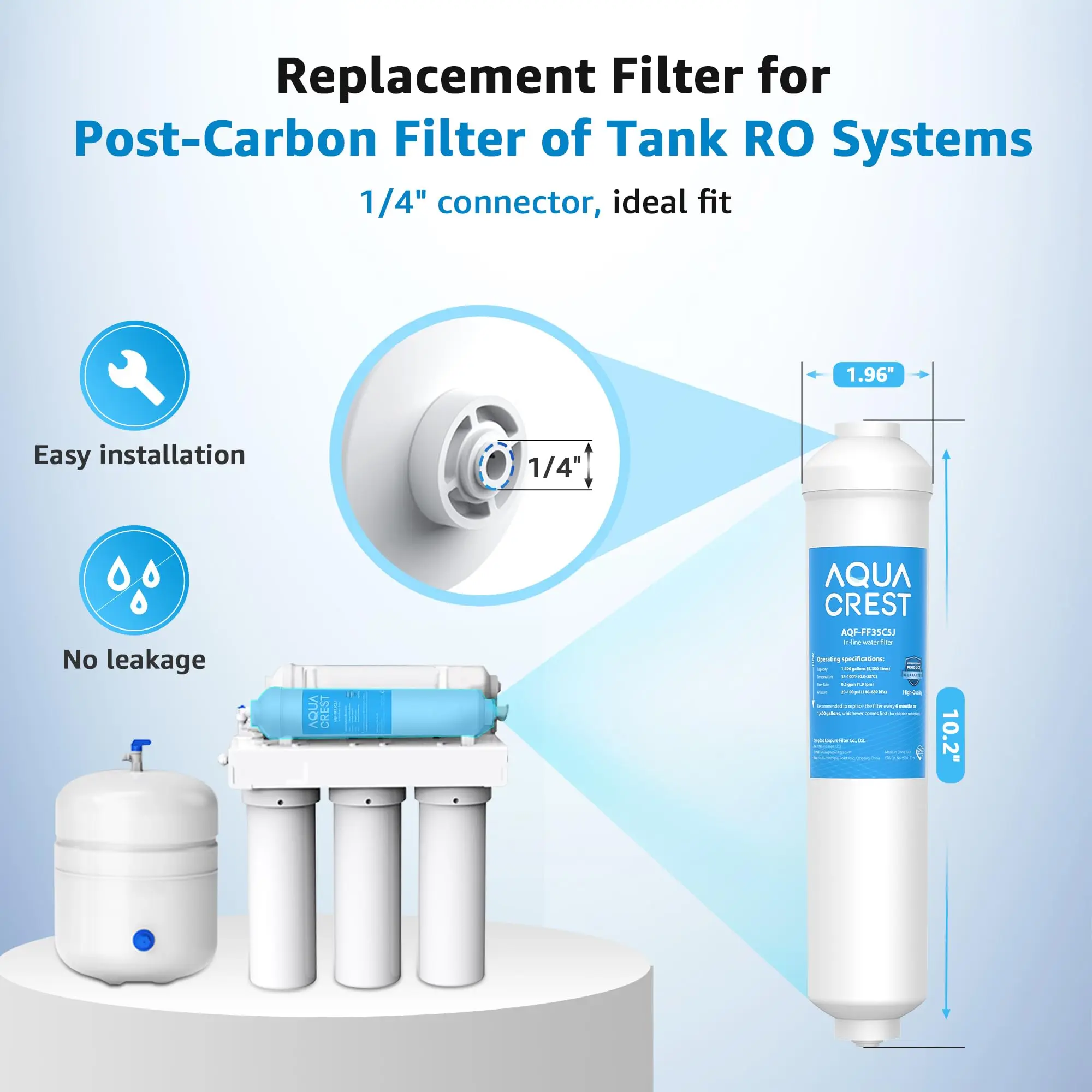 AQUA CREST FF35C5J Inline Water Filter Replacement, NSF/ANSI 42 Certified，1/4 Quick-Connect Replacement for Refrigerator, Post-Carbon Filter for Reverse Osmosis Systems, 6-12 Months (NO Fittings)