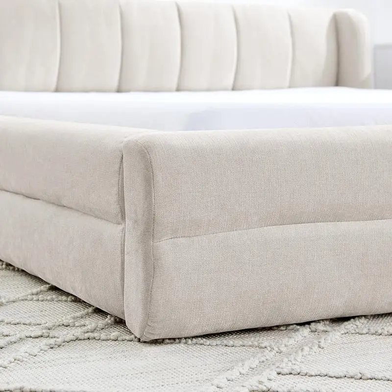 إطار سرير منجد بحجم كوين، سرير بمنصة سميكة من قماش الشنيل مع لوح رأسي، هيكل صلب، بيج، الأبعاد: