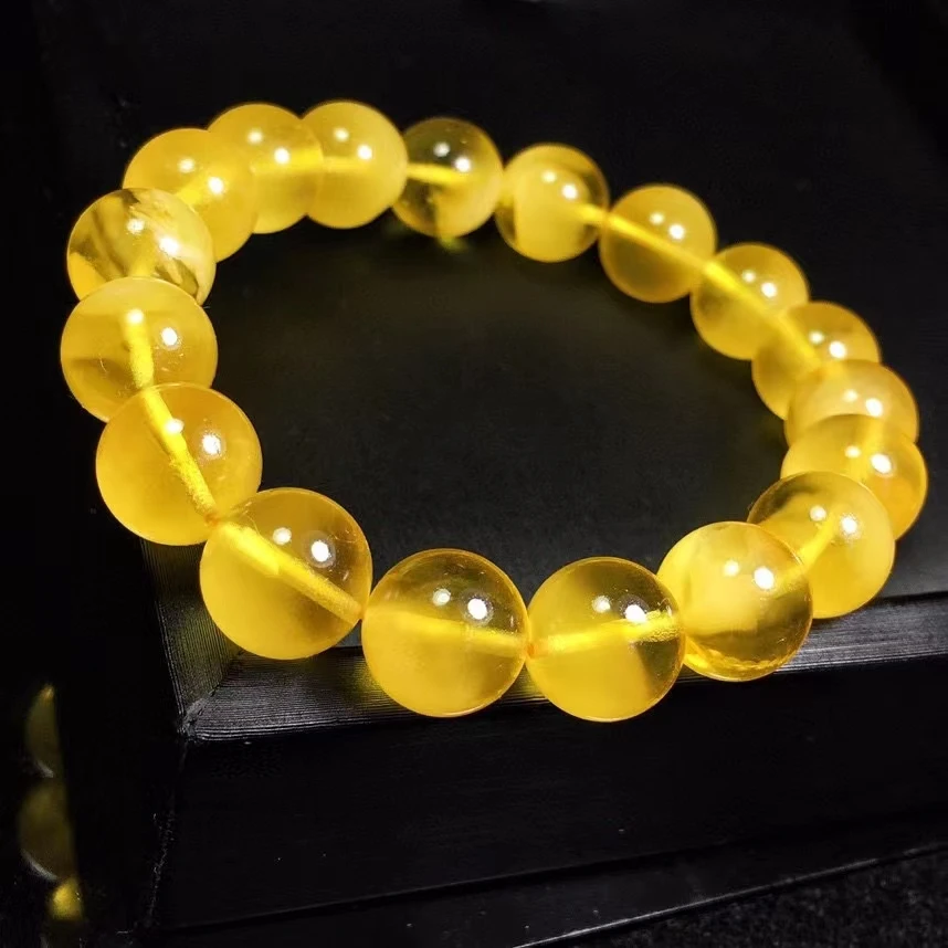 Natural Yellow Amber Round Beads Bracelet Women Men Healing Stretch 10.7mm Gemstone Amber Rare Jewelry AAAAAA