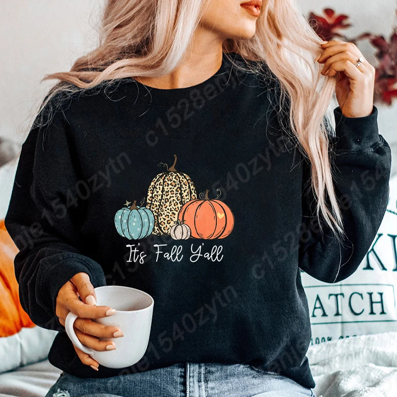 Leopard Pumpkin It's Fall Y'all Print Women Pullovers Autumn Winter Fashion Long Sleeve Sweatshirt Plus Size Hoodless Sweatshirt