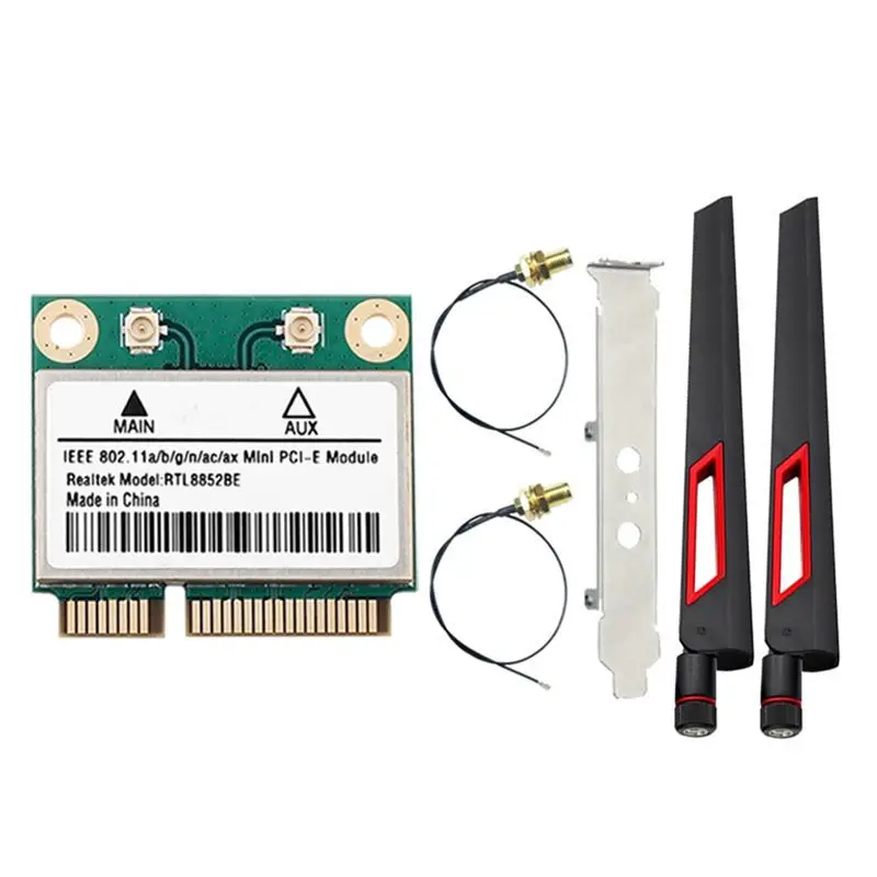 [LXYA68Z!] RTL8852BE Wifi 6 Network Card With 10DBI Antennas 1800M Dual Band 2.4G/5Ghz BT 5.2 Mini PCI-E Interface For Win Windo