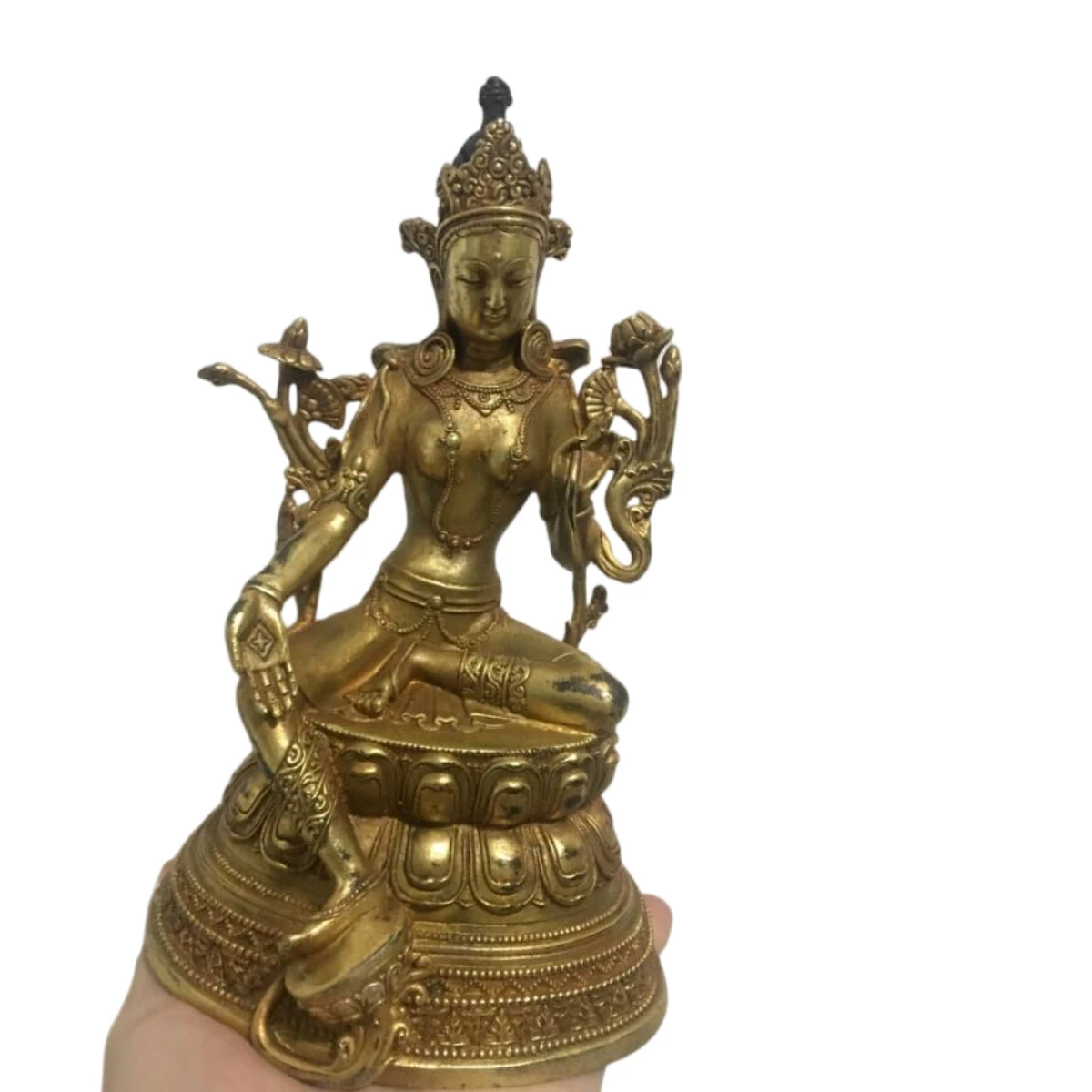 

21CM Wholesale Price Green Tara Old Tibet Buddhism Bronze 18k gold Gild Buddha Statue 21cm