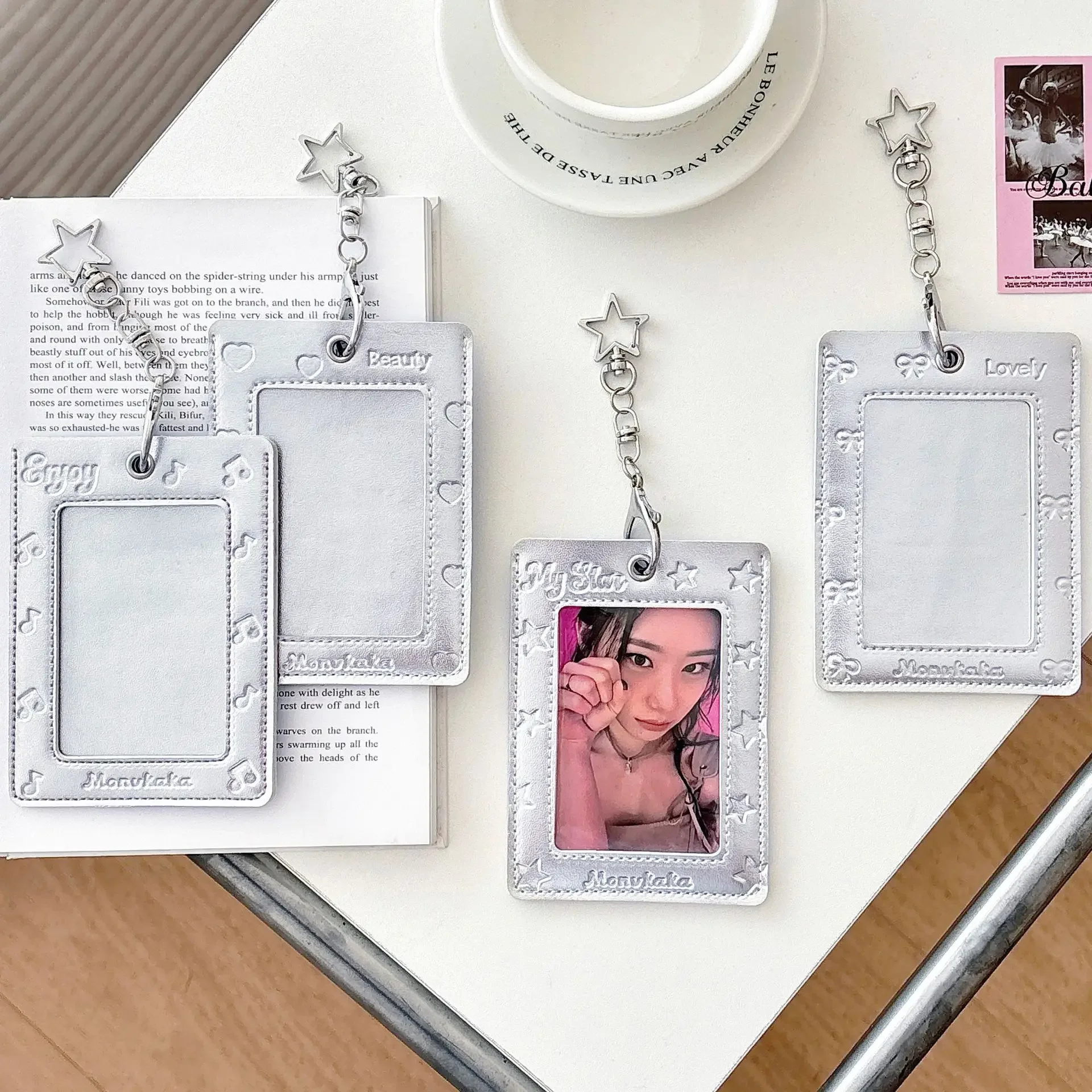 4Pc/Set INS Korean Silver Star Bow Card holder Cute Girl Idol 3-inch Photo Storage Card holder Student Backpack Pendant Keychain