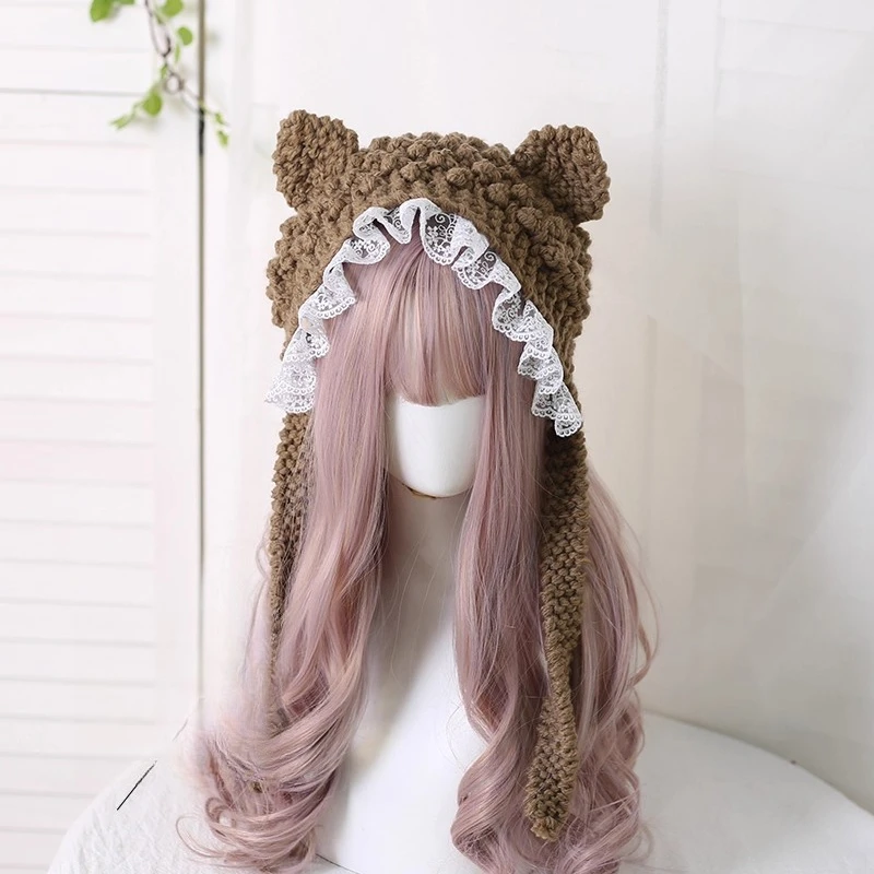 الفتيات اليابانية الناعمة في الخريف والشتاء حلوة (خبز على شكل أذن القط على البخار) قبعة صوف محبوكة لحماية الأذن