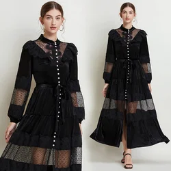 2024 Autumn/Winter New European Fashion Long Sleeve Dress Women's Gold Velvet O-Collar Waist for slimming and knee length Dress