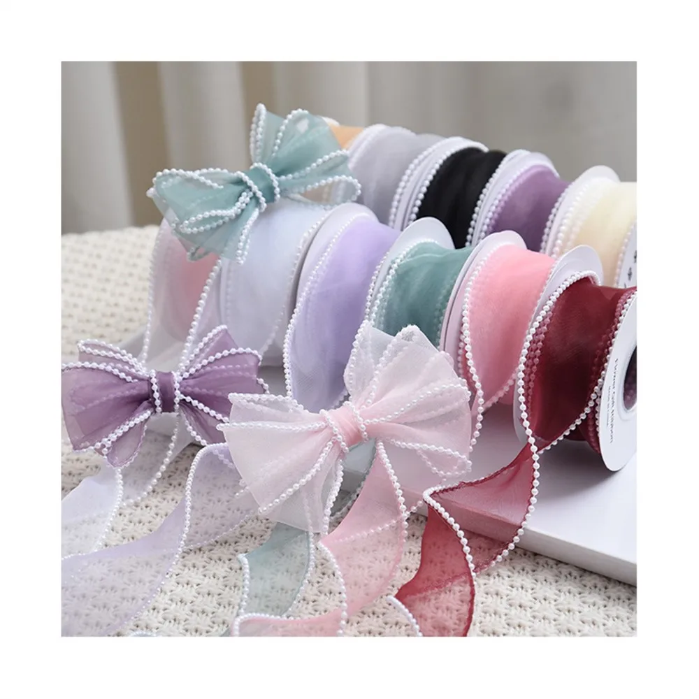 Organza Ribbon with Beads Wavy Edge Ribbon For Flower Bouquet Gifts Packaging Wedding Party Decoration Sewing Supplies DIY Craft