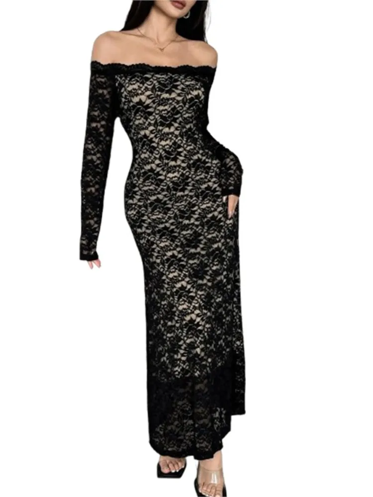 Off Schulter Spitze Schwarz Bleistift Kleid Frauen Trend Langarm Sexy Elegante Abend Party Dünne Stretch Maxi Bodycon Kleider 2026