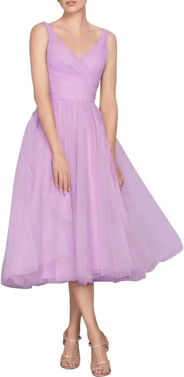 Tea Length A-Line V Neck Formal Evening Party Gowns for Women Sleeveless Puffy Midi Tulle Cocktail Prom Dress Bridesmaid Dresses