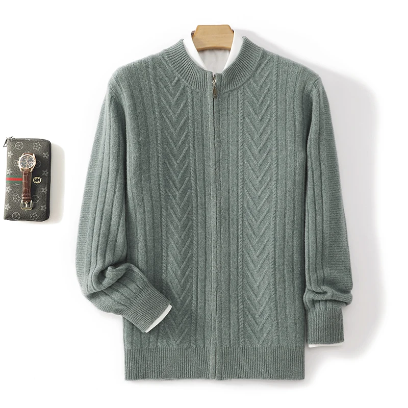 

Autumn Merino wool knitted men's cardigan solid color zipper long sleeved round neck sweater casual soft high-quality top