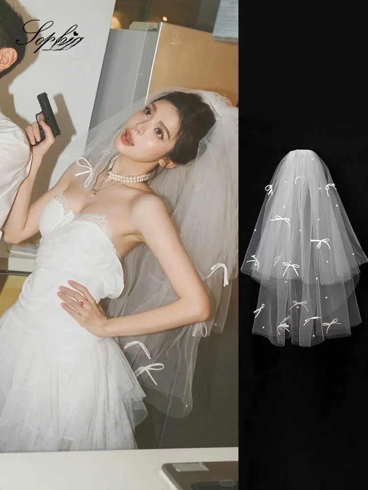 Korean Sle Bridal Veil Hair Accory Pearl Little Bow Tie Cute Photoaphy Props Wedding Dr Sling Hard Tulle