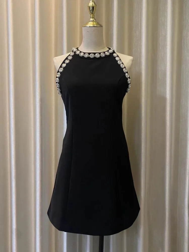 Black High End Water Diamond Decorative Dress 2024 Chic Summer Dresses New French Elegant Diamond Sexy Elegant Party Short Skirt