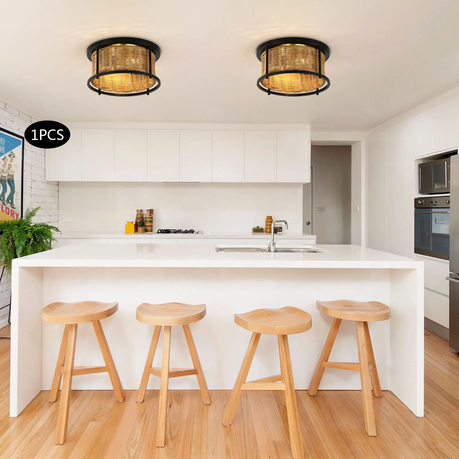 Bamboo Wicker Rattan Shade Chandelier Light Rustic Flush-Mount Ceiling Light NEW