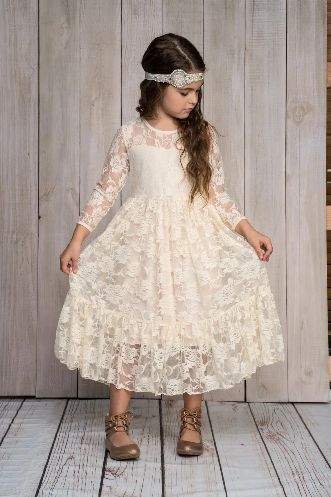 Robe de princesse en dentelle ivoire pour filles, robe à fleurs pour enfants, robe bohème rustique, jupe de première communion pour enfants, appliques blanches, longueur au sol, quelle que soit la jupe