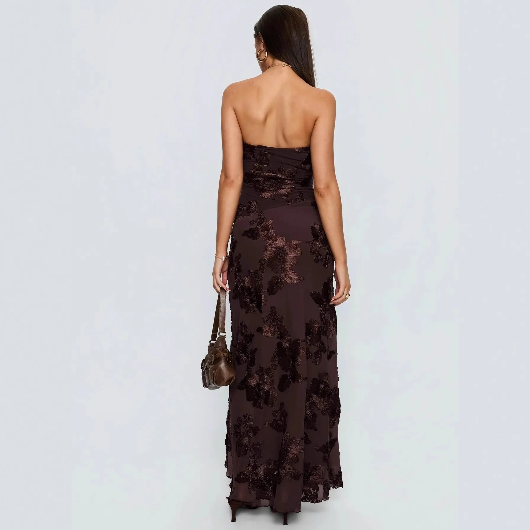 Women Elegant Off Shoulder Backless Bodycon Dress for Wedding Guest Party Prom Wedding Party Floral Long Chiffon Fitted Gown