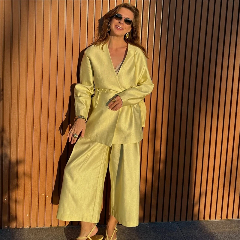 KEYANKETIAN Minimal Elegant Satin Two Piece Suit V Neck Tie Waist Blazer Pleated High Waist Wide Leg Pants Office Matching Set