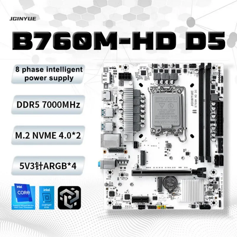‌JGINYUE B760M-HD D5 Motherboard for Intel 12th13th 14thGen DDR5 7000MHz | 2xM.2 PCIe 4.0 | Gaming DDR5 MicroATX Board
