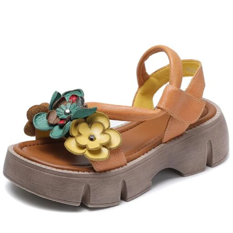 2024 Summer Full Genuine Leather Classic Flowers Shoes Women Fashionable Sandals Thick Sole Heightening Sandals Trendy Sandals