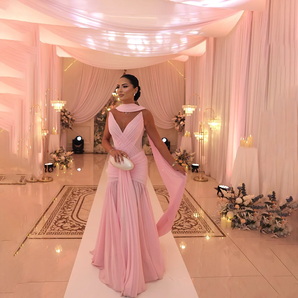 

Pink Evening Dress Sexy V-Neck Sleeveless Pleated Chiffon Mermaid Evening Gowns with Ccarf Formal Party Dresses Customized